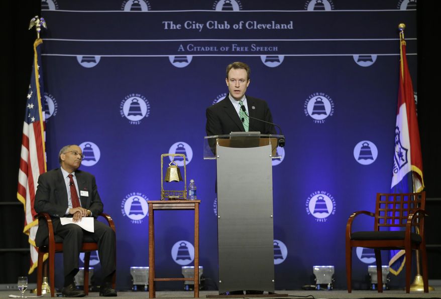 Democratic gubernatorial hopeful Cuyahoga County executive Ed FitzGerald delivers his State of the County address in Cleveland Wednesday, Feb. 19, 2014. FitzGerald, a former FBI agent and prosecutor, trails Ohio Republican Gov. John Kasich 43 percent to 38 percent a new Quinnipiac University poll. (AP Photo/Mark Duncan)