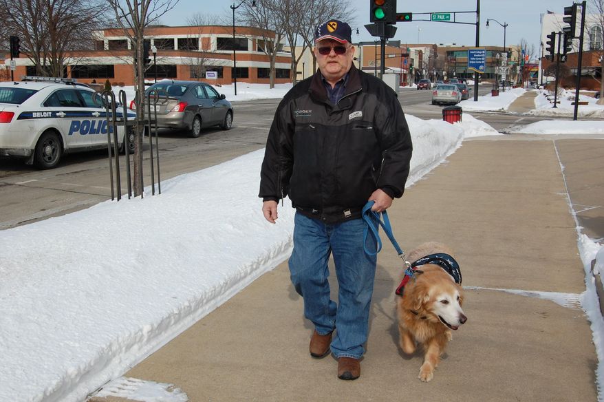 Veteran Raymond St. John takes a walk in downtown Beloit, Wis., with Jethro, a Golden Retriever on Feb. 14, 2014. Jethro is a mascot and honorary member of the 12th Cavalry Association. St. John and Jethro travel around counseling veterans who have suffered from Post Traumatic Stress Disorder (PTSD). (AP Photo/The Beloit Daily News, Hillary Gavan)