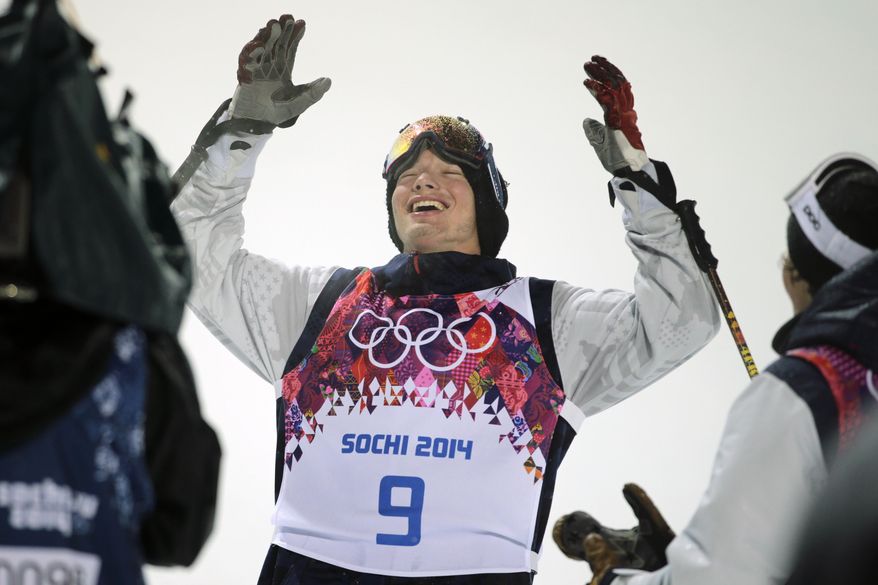 David Wise, of the United States, celebrates after winning a gold medal in the men's ski halfpipe final at the Rosa Khutor Extreme Park, at the 2014 Winter Olympics, Tuesday, Feb. 18, 2014, in Krasnaya Polyana, Russia. (AP Photo/Jae C. Hong)