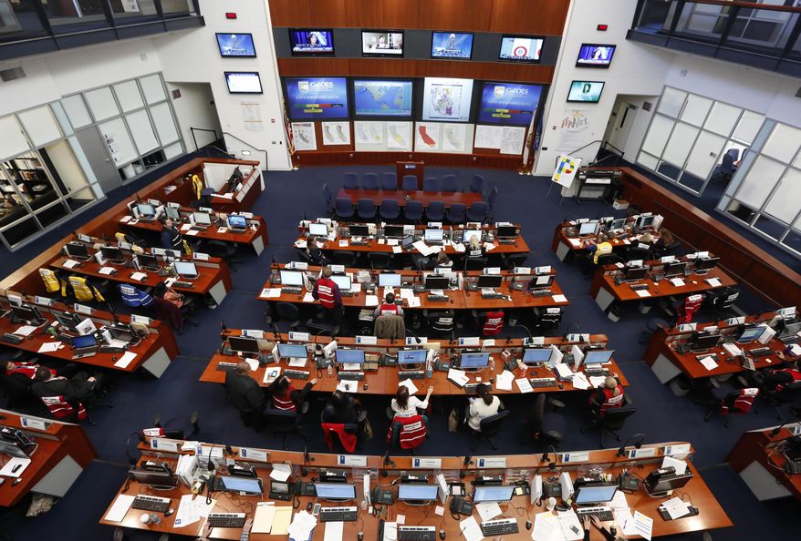 The California Emergency Services State Operations Center is seen in Mather, Calif., Wednesday, Feb. 19, 2014. California Gov. Jerry Brown, Senate President Pro Tem Darrell Steinberg, D-Sacramento, and Assembly Speaker John Perez, D-Los Angeles, toured the center where they announced a $687 million plan to provide immediate help to drought-stricken communities throughout California. (AP Photo/Rich Pedroncelli)