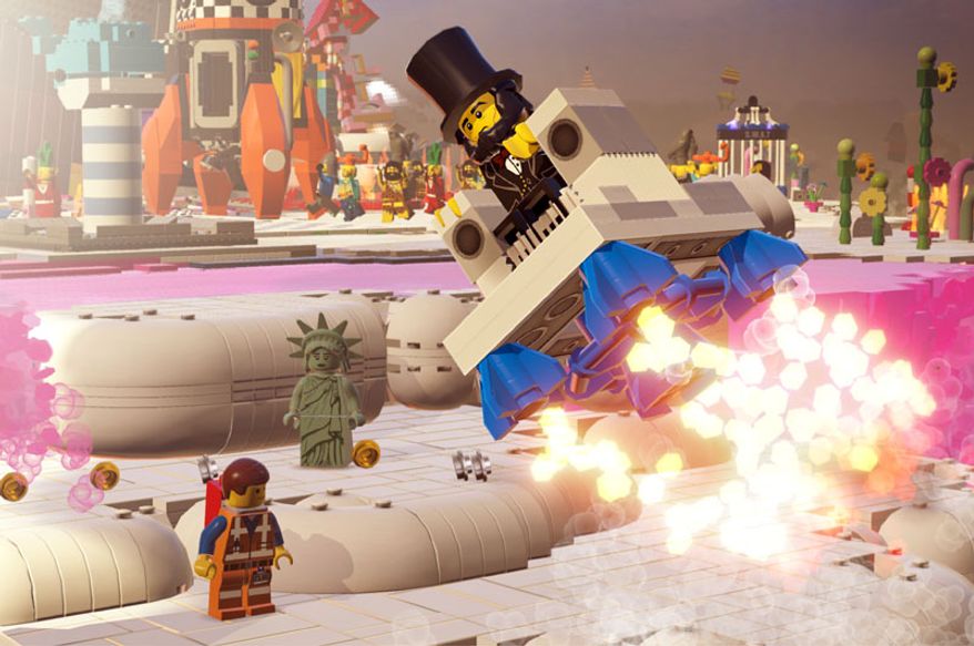 Abraham Lincoln flies away in the Lego Movie Videogame for the PlayStation 4.