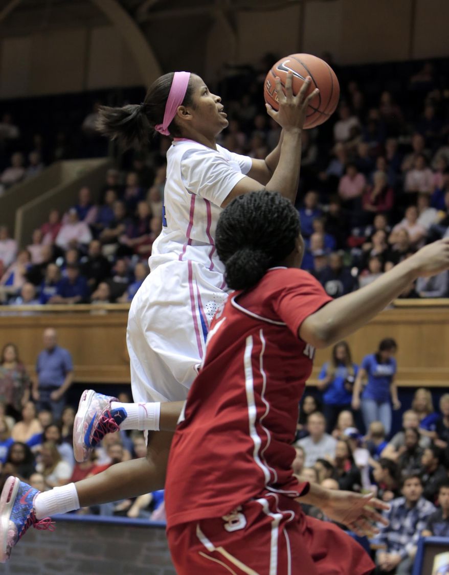 Duke's Ka'lia Johnson drives to the basket above NC State's Len'Nique Brown during the first half of an NCAA college basketball game in Durham, N.C., Thursday, Feb. 20, 2014.  (AP Photo/Ted Richardson)