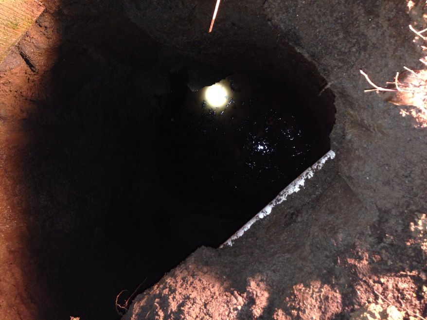This photo provided by Portland, Ore., Fire & Rescue shows a sinkhole in Portland, Ore., on Tuesday, Feb. 18, 2014. A Portland fire official says a woman and her dog have been rescued unharmed after falling into the six-meter-deep sinkhole that opened up in her backyard. Portland Fire & Rescue Lt. Rich Chatman says the woman in her 30s was trying to find her small poodle mix Tuesday night in her dark Portland backyard when she fell into a sinkhole. A neighbor who heard her cries for help called 911. Fire crews used rope and ground ladders to rescue them. Chatman says fire officials at the scene were amazed that both escaped unhurt. The spokesman says a neighbor who shares a property line said both homeowners had been required to do some recent work on their sewage system. (AP Photo/Portland, Ore., Fire & Rescue)
