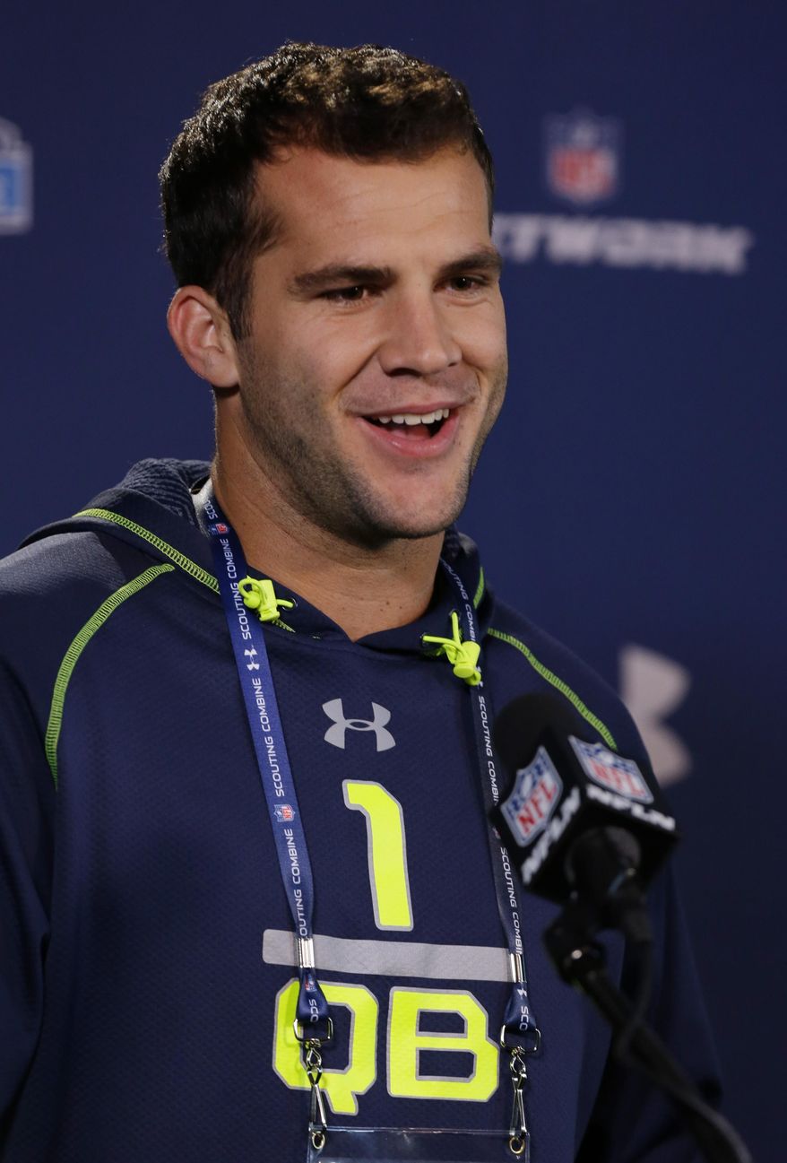 Central Florida quarterback Blake Bortles answers a question during a news conference at the NFL football scouting combine in Indianapolis, Friday, Feb. 21, 2014. (AP Photo/Michael Conroy)