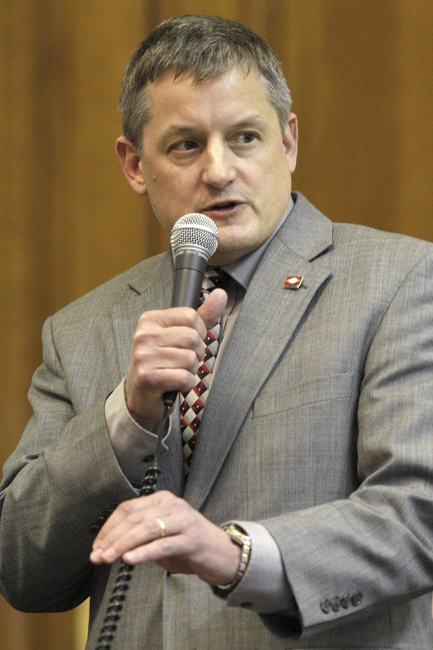 Rep. Bruce Westerman, R-Hot Springs, speaks against continued funding for the "Private Option" state Medicaid plan in the House chamber at the Arkansas state Capitol in Little Rock, Ark., Thursday, Feb. 20, 2014. A compromise plan for Medicaid expansion in Arkansas remained stalled in the state House. (AP Photo/Danny Johnston)