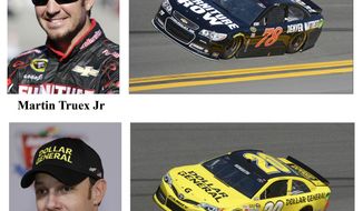 In these photos taken in February 2014, qualifying drivers and their cars in the starting field for Sunday&#39;s NASCAR Daytona 500 Sprint Cup Series auto race are shown at Daytona International Speedway in Daytona Beach, Fla. They are, from top, Austin Dillon, Martin Truex Jr, Matt Kenseth, and Denny Hamlin. (AP Photo)