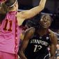 Stanford forward Chiney Ogwumike, right, eyes the basket against Southern California forward Cassie Harberts (11) during the second half of an NCAA college basketball game Friday, Feb. 21, 2014, in Los Angeles. Stanford won 64-59. (AP Photo/Alex Gallardo)