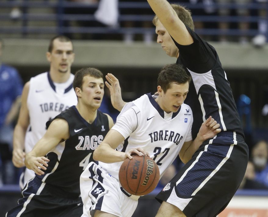 San Diego forward Brett Bailey tries to move Gonzaga center Przemek Karnowskit during the first half of a NCAA college basketball game Saturday, Feb. 22, 2014, in San Diego. (AP Photo/Lenny Ignelzi)
