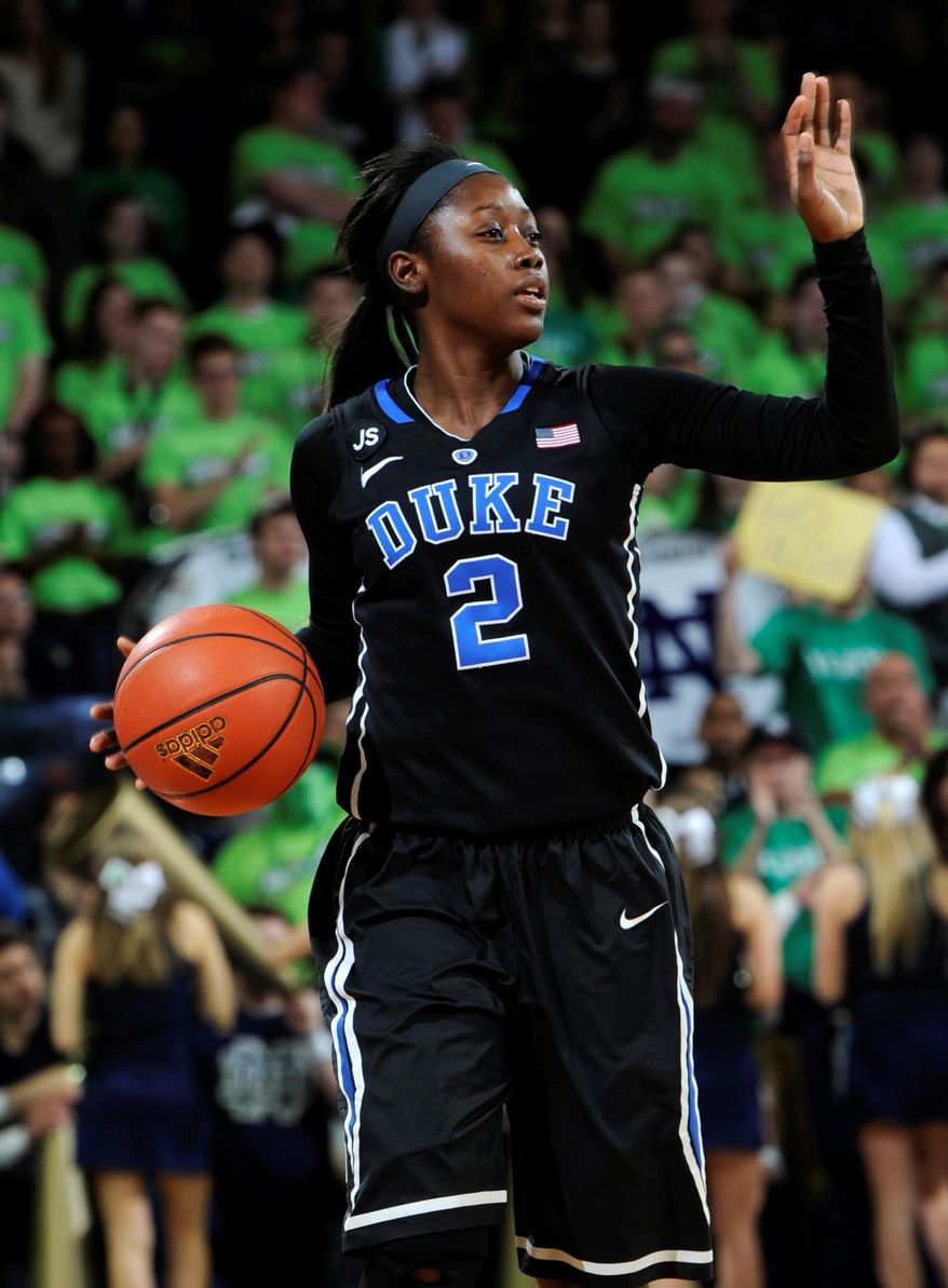 Duke guard Alexis Jones calls a play in an NCAA college basketball game with Duke Sunday, Feb. 23, 2014 in South Bend, Ind. (AP Photo/Joe Raymond)