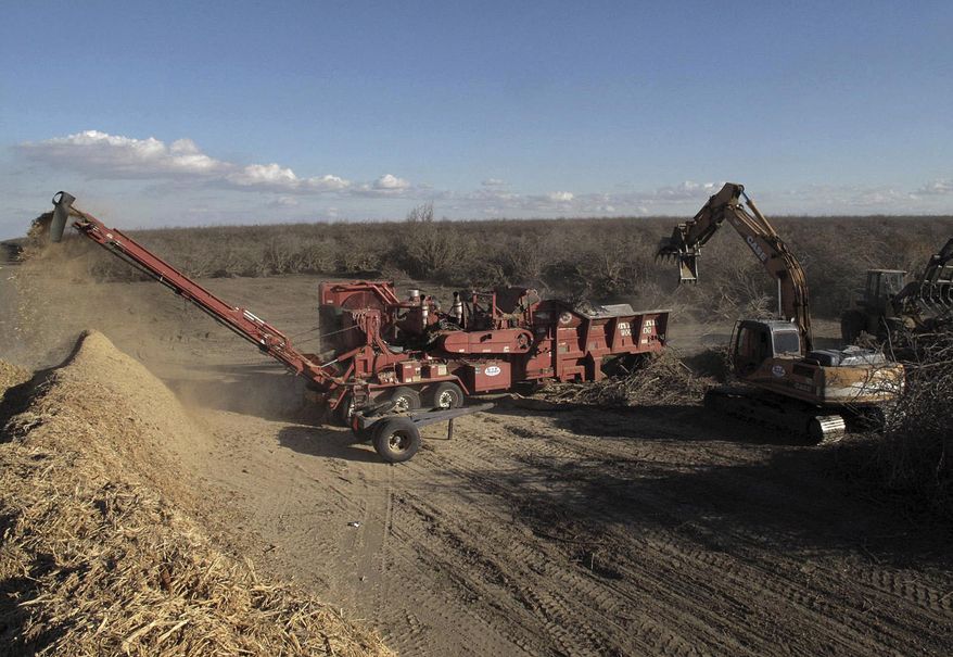 A crew from G&F Agri Service LLC uses heavy equipment to remove an almond orchard and to turn the trees into wood chips at Baker Farming Company in Firebaugh, Calif., on Monday, Feb. 3, 2014. The state’s drought has forced farmers to remove some almond orchards earlier than they normally would because they don’t expect to have enough irrigation water. (AP Photo/Scott Smith)