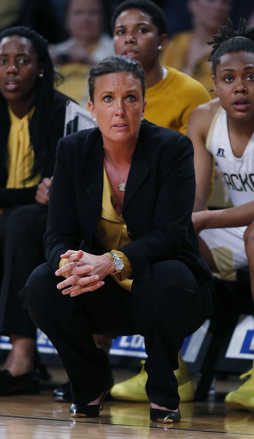 Georgia Tech head coach MaChelle Joseph yells from the sideline in the second half of an NCAA college basketball game against the Maryland, Sunday, Feb. 23, 2014, in Atlanta. (AP Photo/John Bazemore)