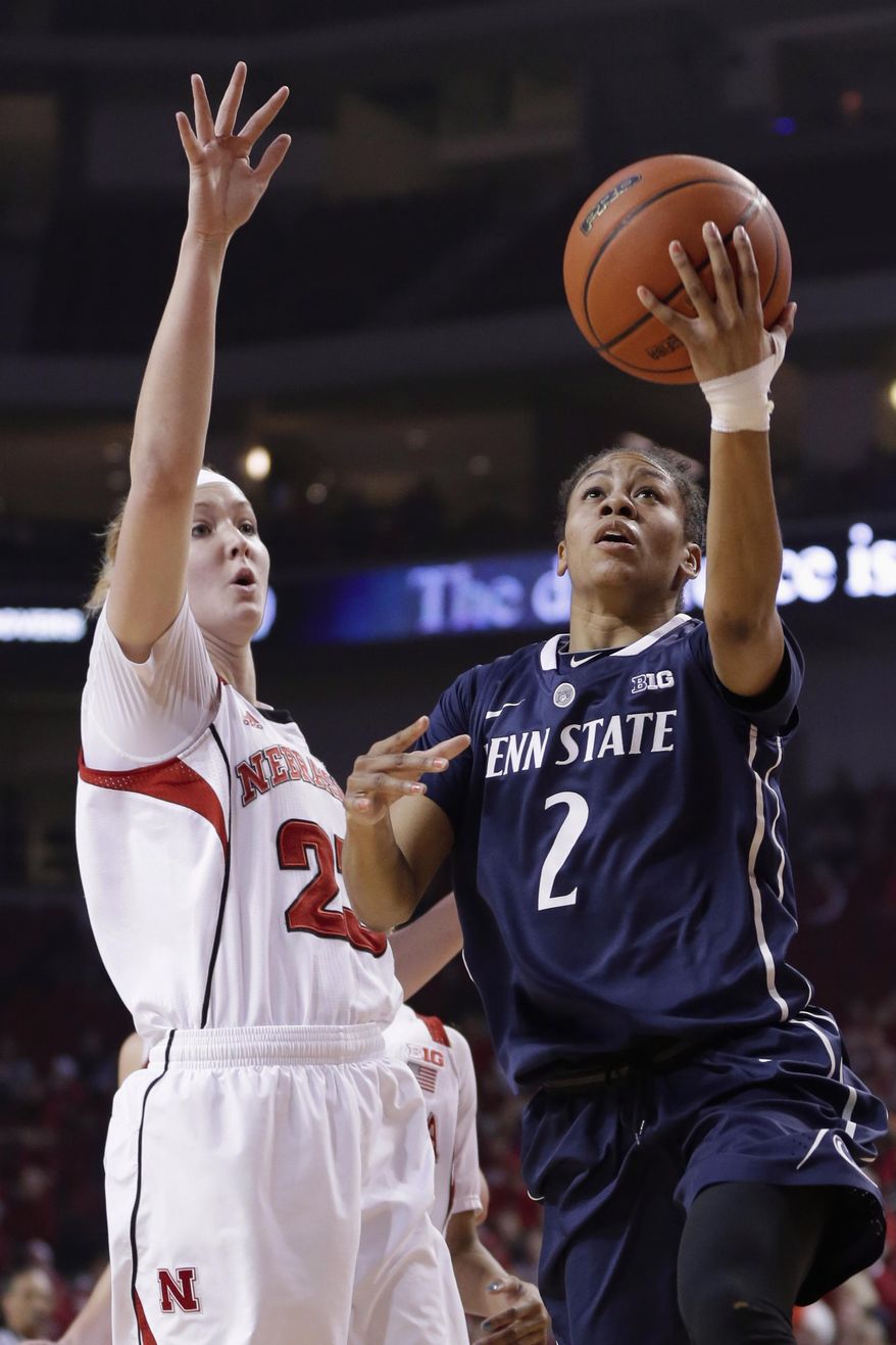 Penn State's Dara Taylor (2) goes for a layup against Nebraska's Emily Cady, left, in the first half of an NCAA college basketball game in Lincoln, Neb., Monday, Feb. 24, 2014. (AP Photo/Nati Harnik)