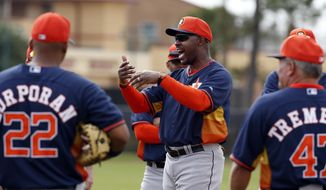 Houston Astros manager Bo Porter, center, talks to his team during a spring training baseball workout, Friday, Feb. 21, 2014, in Kissimmee, Fla. (AP Photo/Alex Brandon)