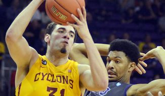 Iowa State&#39;s Georges Niang, (31) comes down with a rebound against TCU&#39;s Karviar Shepherd  during the second half of an NCAA college basketball game, Saturday, Feb. 22, 2014 in Fort Worth, Texas. (AP Photo/The Fort Worth Star-Telegram, Bob Haynes)  MAGS OUT; (FORT WORTH WEEKLY, 360 WEST); INTERNET OUT