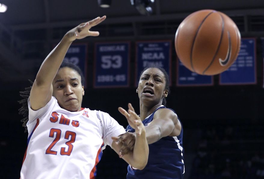 Connecticut guard Brianna Banks (13) and SMU guard Keena Mays (23) battle for control of the ball during the first half of an NCAA college basketball game Tuesday, Feb. 25, 2014, in Dallas. (AP Photo/LM Otero)