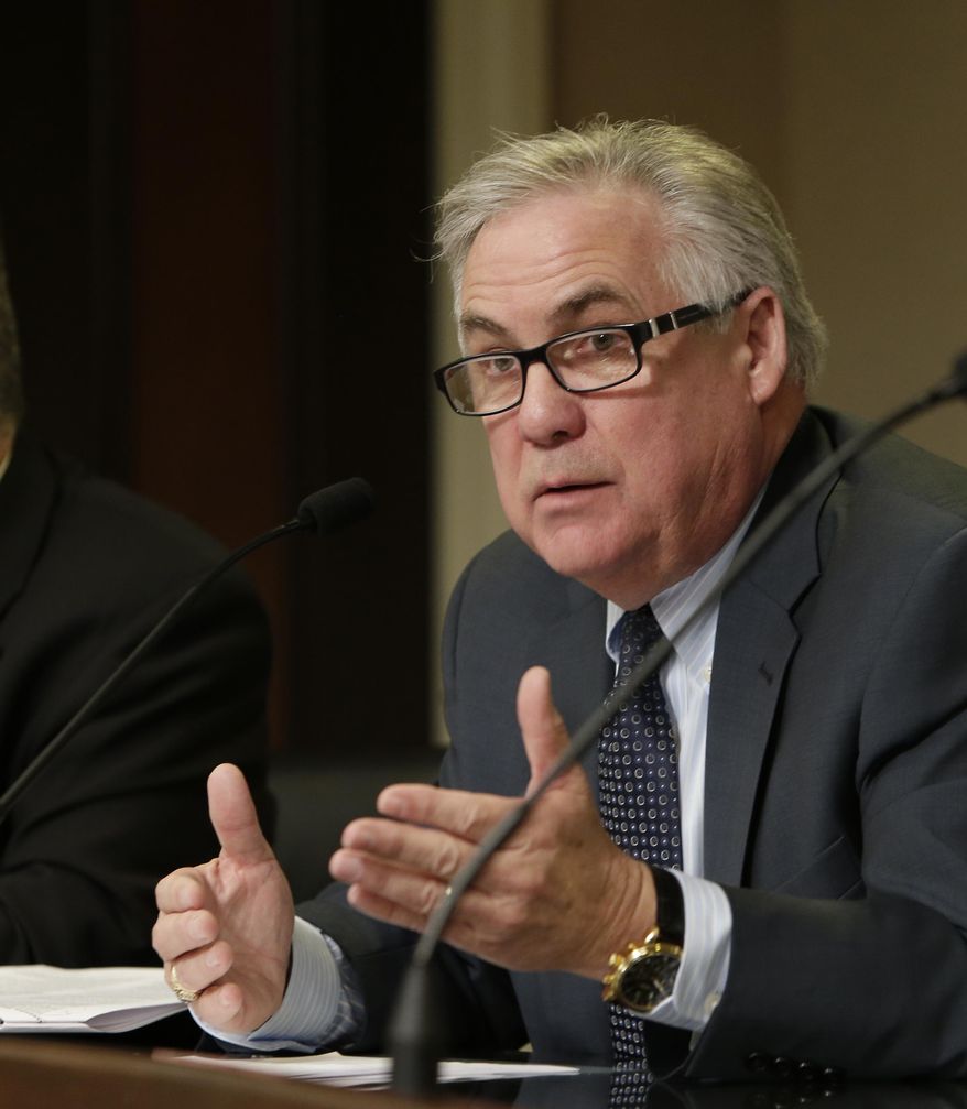 Assemblyman Jim Patterson, R-Fresno, of the Assembly Budget Subcommittee No.3 on Resources and Transportation questions Keely Bosler, of the Department of Finance, about Gov. Jerry Brown's proposed drought-relief package before lawmakers at the Capitol in Sacramento, Calif., Wednesday Feb. 26, 2014. Patterson expressed concerns about the package on the committee rejected some amendments he proposed. Lawmakers approved the governor's package, which approved the package, which provides $687million that will go toward local water conservation and recycling efforts as well as food assistance in communities hit hardest by the drought. The legislation is expected to be up for a full vote of the Assembly by as early as Thursday.(AP Photo/Rich Pedroncelli)