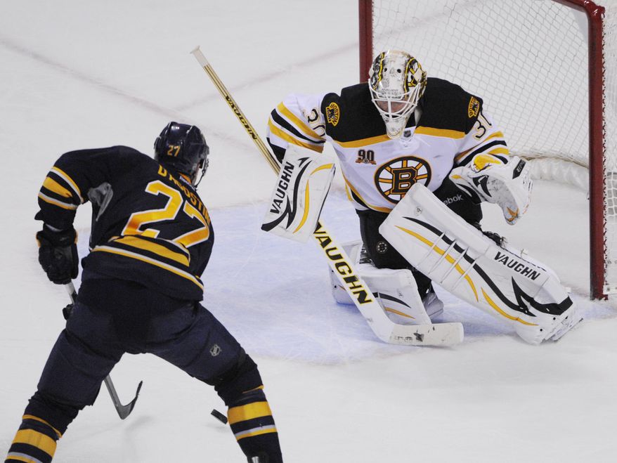 Buffalo Sabres' Matt D'Agostini (27) moves in to score the game-winning goal on Boston Bruins' Chad Johnson (30) during the overtime session of an NHL hockey game in Buffalo, N.Y., Wednesday, Feb. 26, 2014. Buffalo won 5-4. (AP Photo/Gary Wiepert)
