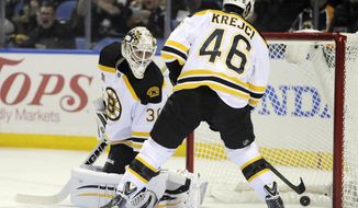 Boston Bruins goaltender Chad Johnson (30) looks back into the net after a goal by Buffalo Sabres&#39; Zemgus Girgensons as Bruins center David Krejci (46) arrives too late during the first period of an NHL hockey game in Buffalo, N.Y., Wednesday, Feb. 26, 2014. (AP Photo/Gary Wiepert)