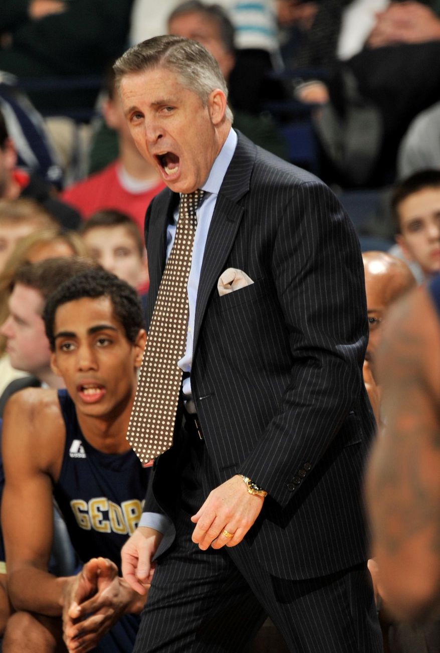 Georgia Tech coach Brian Gregory shouts instructions to his team during the first half of an NCAA college basketball game against Notre Dame, Wednesday, Feb. 26, 2014 in South Bend, Ind. (AP Photo/Joe Raymond)