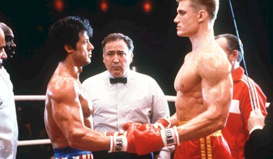 Scene from Rocky IV starring Sylvester Stallone and Dolph Lundgren.