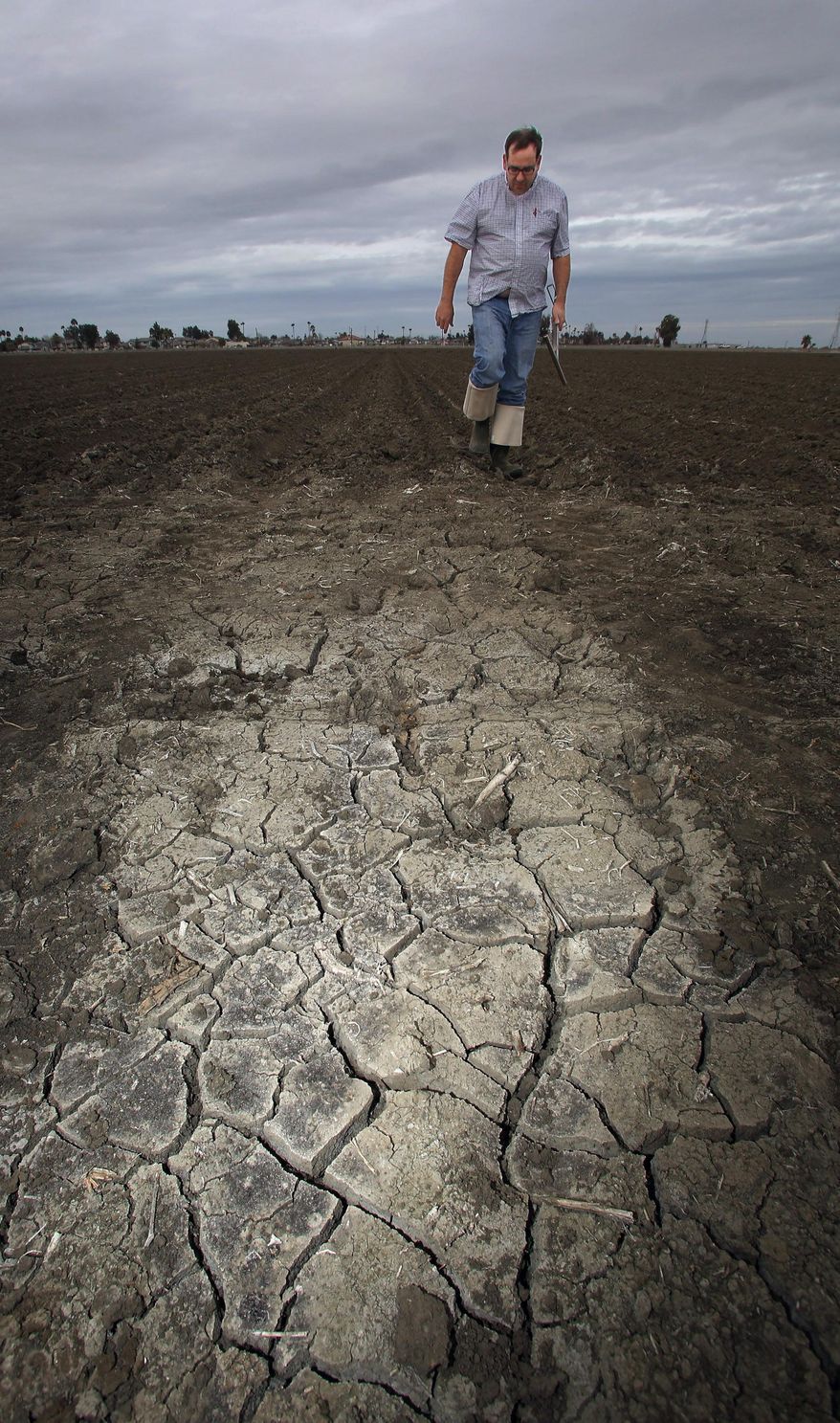 AP10ThingsToSee - Farmer Carlton Duty Jr. checks water content in his dry tomato field as storms arrive in the drought-striken area Wednesday, Feb. 26, 2014 in Lemoore, Calif. Duty said "this year will be a challenge. I'm always glad to have rain, but I'm not sure it's enough." (AP Photo/Gary Kazanjian, File)
