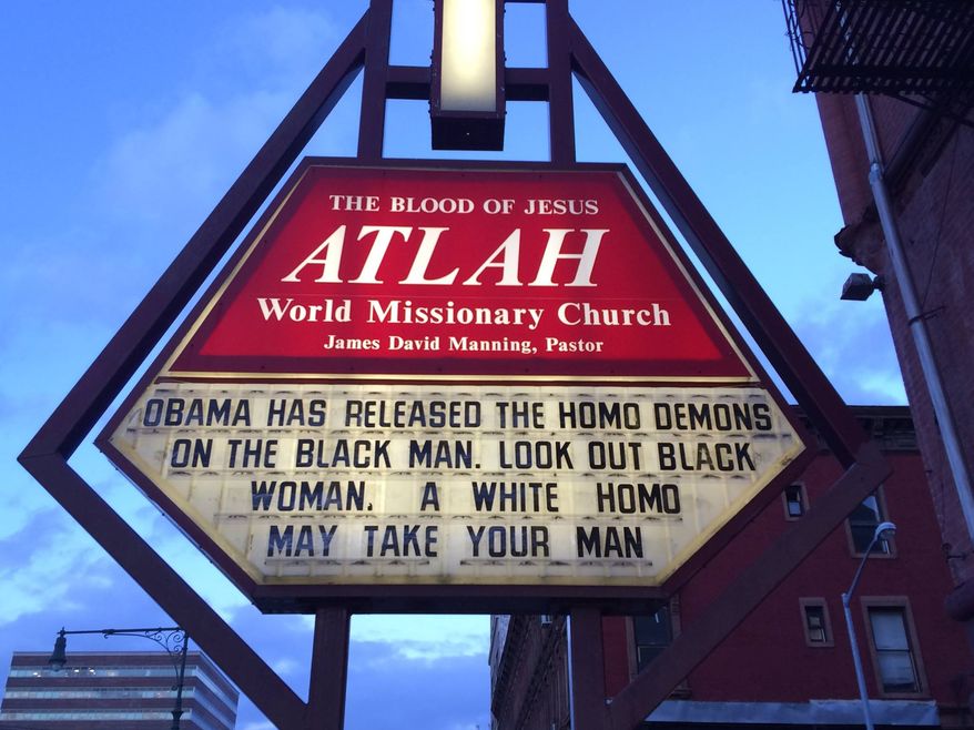 A church sign in New York City's Harlem is warning black women to be on the lookout for a "white homo" trying to steal their man. (Facebook: ATLAHWorldwide)
