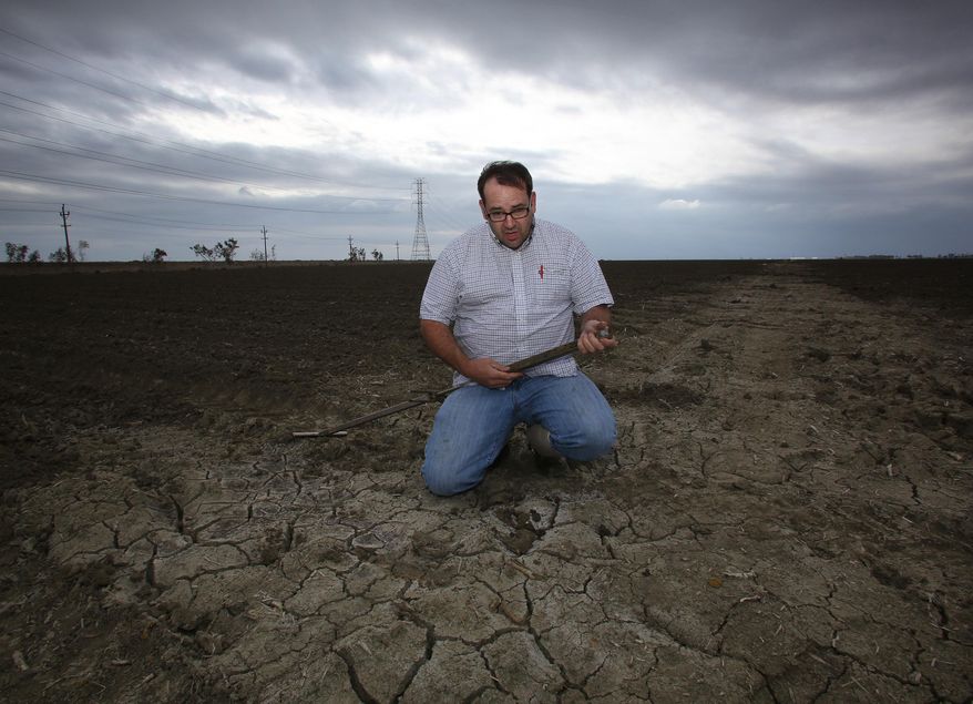 Farmer Carlton Duty Jr. checks water content in his dry tomato field as storms arrive in the area Wednesday, Feb. 26, 2014 in Lemoore, Calif. Duty said "this year will be a challenge. I'm always glad to have rain, but I'm not sure it's enough." The first significant California storm in months barreled down from the north Wednesday, promising much-needed rain to the drought-stricken state but also the threat of mudslides and flooding. A potentially stronger storm is expected to move in late Thursday. (AP Photo/Gary Kazanjian)