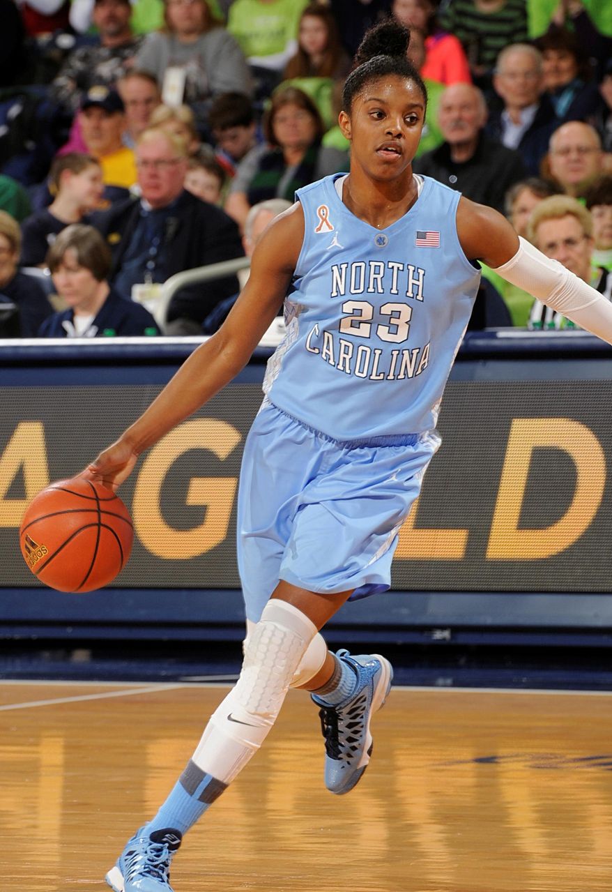 North Carolina guard Diamond DeShields drives up court during the first half of an NCAA college basketball game, Thursday, Feb. 27, 2014 in South Bend, Ind. (AP Photo/Joe Raymond)