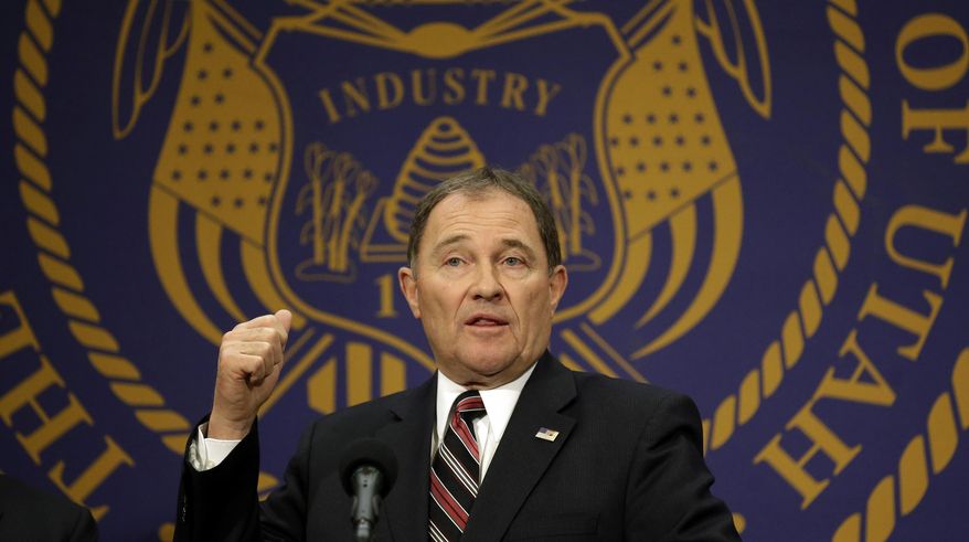 Utah Gov. Gary Herbert makes remarks during Medicaid expansion news conference Thursday, Feb. 27, 2014, in Salt Lake City. Herbert announced he wants to reject a full Medicaid expansion, and instead seek federal dollars to cover the poor. Herbert made the announcement Thursday afternoon, saying the state has an obligation to cover the poor by plugging a hole in the safety net.  (AP Photo/Rick Bowmer)