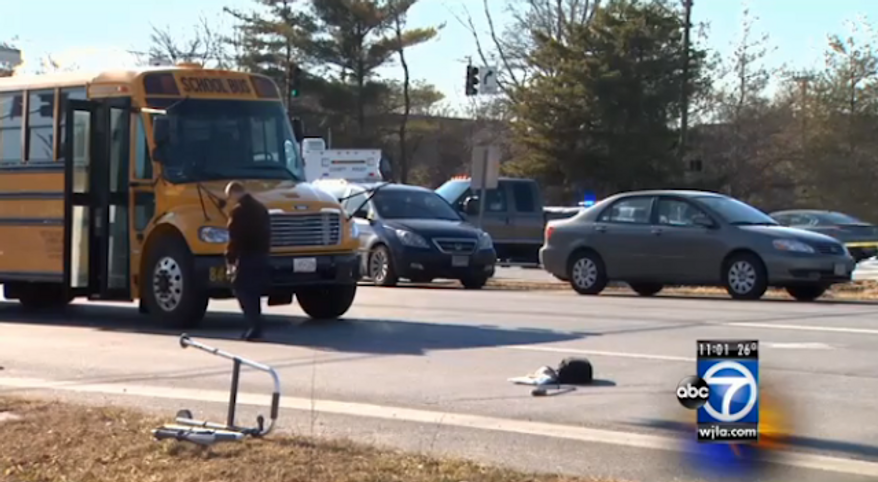 Elia Miranski's walker is seen at the Columbia Pike/Tech Road intersection in Silver Spring, Md. Miranski, a 91-year-old Holocaust survivor, died Wednesday afternoon after being hit by a school bus. (WJLA)