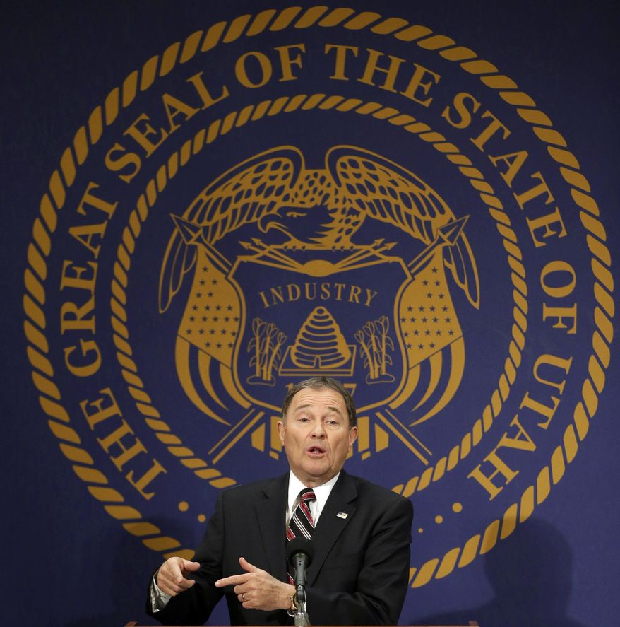 Utah Gov. Gary Herbert makes remarks during a news conference where he discussed Medicaid expansion Thursday, Feb. 27, 2014, in Salt Lake City. Herbert announced he wants to reject a full Medicaid expansion, and instead seek federal dollars to cover the poor. Herbert made the announcement Thursday afternoon, saying the state has an obligation to cover the poor by plugging a hole in the safety net. AP Photo/Rick Bowmer)