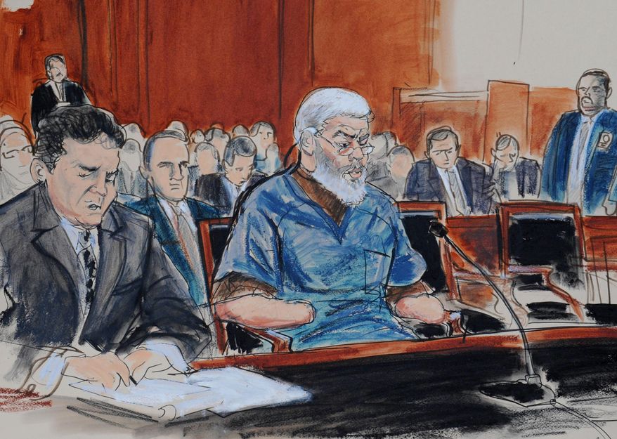 FILE- In this Oct. 9, 2013 file courtroom drawing, defense attorney, Jeremy Schneider, left, represents accused terrorist Mustafa Kamel Mustafa, center, in Manhattan federal court, in New York. In a document filed with the court dated Feb. 21, 2014, on Thursday, Feb. 27, Mustafa informed judge Katherine Forrest that he plans to testify at his terrorism trial in April 2014. (AP Photo/ Elizabeth Williams, File)