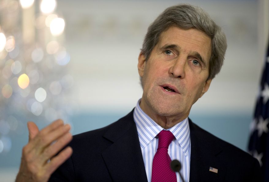 Secretary of State John Kerry gestures as he speaks during a joint news conference with Colombian Foreign Minister Maria Holguin at the State Department in Washington, Friday, Feb. 28, 2014, as Kerryopened a fourth round of the U.S.-Colombia High-Level Partnership Dialogue. Kerry said he had called Russia's foreign minister to express US concerns over military activity in Crimea that could further inflame tensions in Ukraine following the ouster of its Russian-backed president. (AP Photo/Carolyn Kaster)