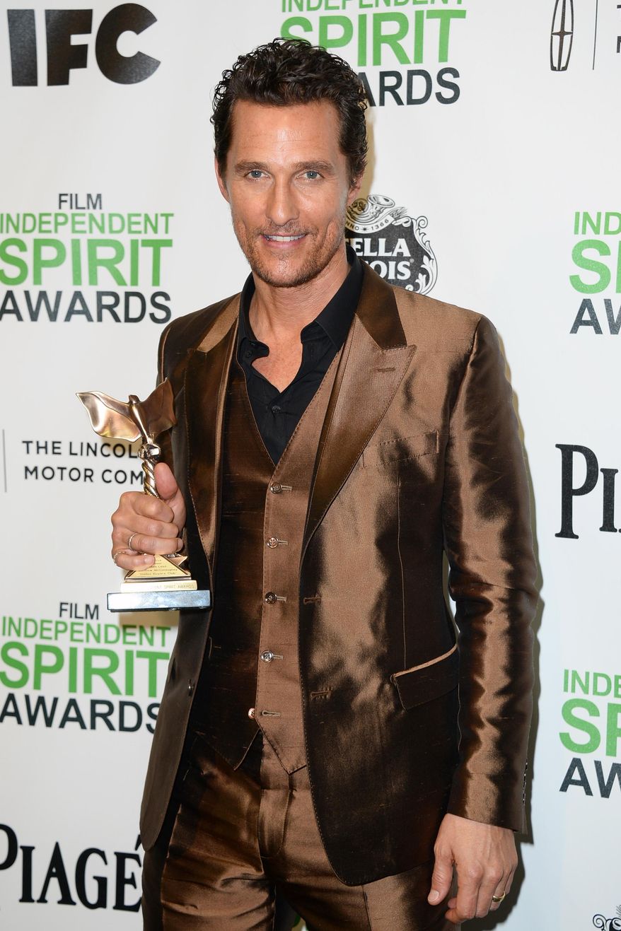 Matthew McConaughey poses with the award for best male lead for "Dallas Buyers Club" in the press room at the 2014 Film Independent Spirit Awards, on Saturday, March 1, 2014, in Santa Monica, Calif. (Photo by Jordan Strauss/Invision/AP)