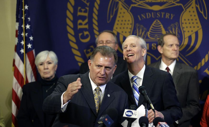Sen. Curt Bramble, R- Provo, left, and Wayne Niederhauser, Utah's Senate President, right, answers questions during a news conference announcing a deal between state legislators and the Count My Vote group over Utah's caucus-convention system on Sunday, March 2, 2014, in Salt Lake City. The deal will preserve the caucus system but allow political candidates that gather enough signatures to use an alternative path to the ballot with primary elections. (AP Photo/Rick Bowmer)