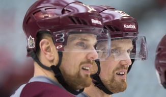 Vancouver Canucks&#39; Henrik Sedin, right, and his twin brother Daniel Sedin, both of Sweden, watch during practice for the Heritage Classic NHL hockey game in Vancouver, British Columbia, on Saturday, March 1, 2014. The Canucks are scheduled to play the Ottawa Senators on Sunday. (AP Photo/The Canadian Press, Darryl Dyck)