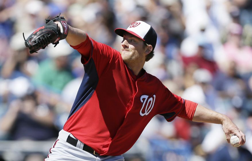 Washington Nationals starting pitcher Ross Detwiler throws a pitch during the first inning of an exhibition baseball game against the New York Yankees Monday, March 3, 2014, in Tampa, Fla. (AP Photo/Charlie Neibergall)