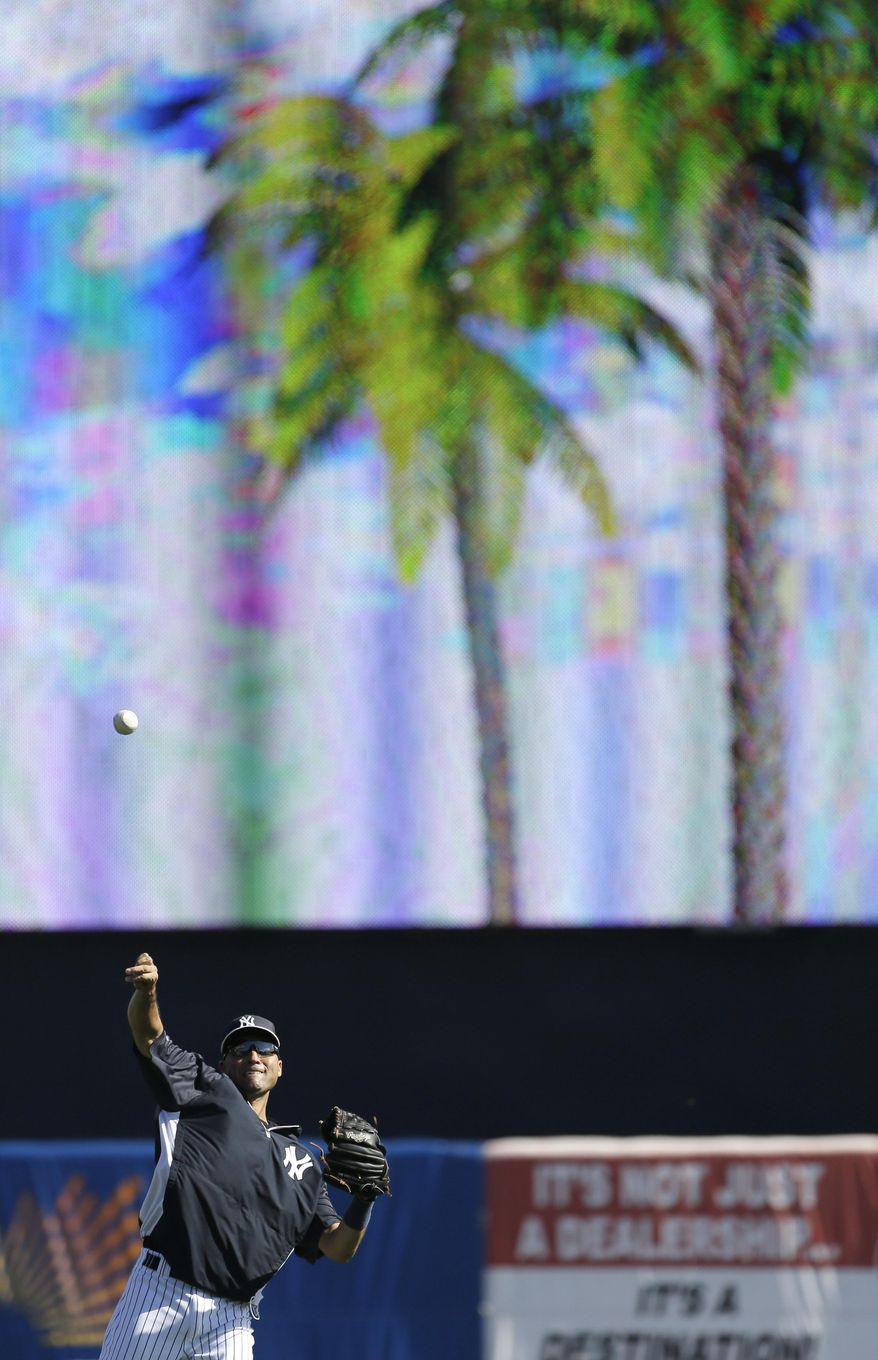 New York Yankees shortstop Derek Jeter throws in the outfield before an exhibition baseball game against the Washington Nationals Monday, March 3, 2014, in Tampa, Fla. (AP Photo/Charlie Neibergall)