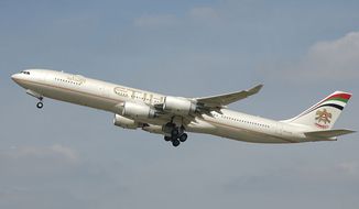 Etihad Airways A340-500 (A6-EHB) takes off from London Heathrow Airport, England. (Wikipedia)