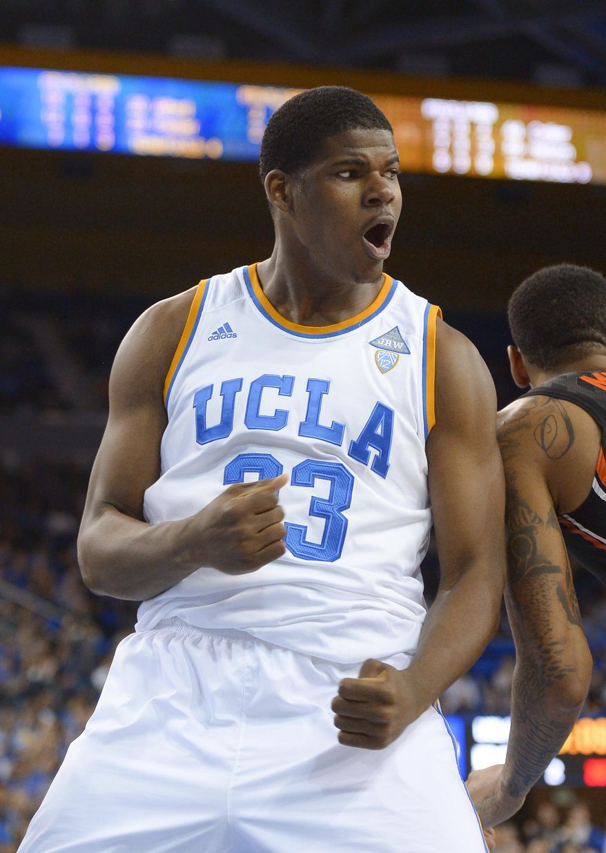 UCLA center Tony Parker celebrates after scoring during the second half of an NCAA college basketball game against Oregon State, Sunday, March 2, 2014, in Los Angeles. UCLA won 74-69. (AP Photo/Mark J. Terrill)