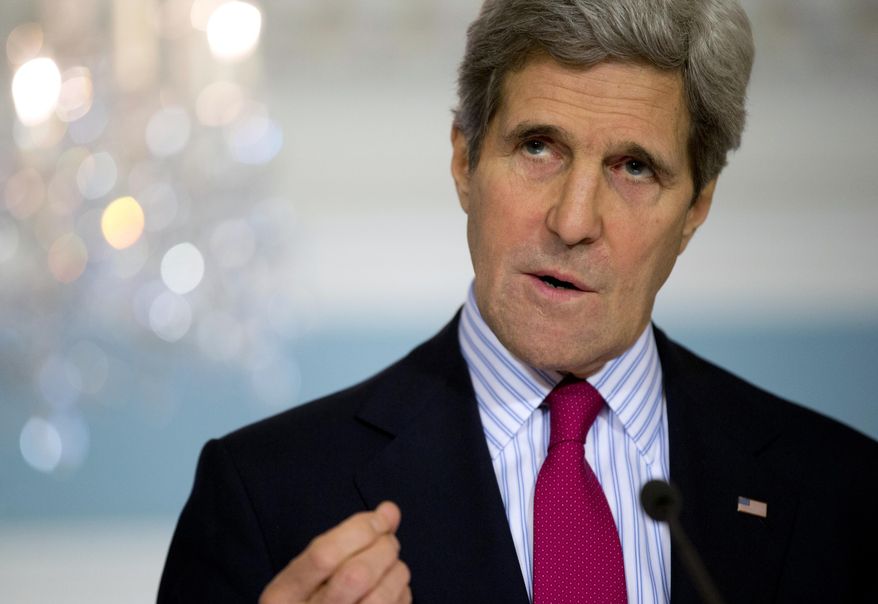 FILE - This Feb. 28, 2014 file photo shows Secretary of State John Kerry speaking at the State Department in Washington. Tensions mounting, the U.S. and European allies struggle over whether threatened international penalties are enough to deter Russia from overtaking the strategic Crimean peninsula. Secretary of State John Kerry heads to Kiev in a diplomatic show of support for Ukraine but critics say it's too little, too late. European leaders are concerned about Russia's supplies of natural gas for their countries. (AP Photo/Carolyn Kaster, File)