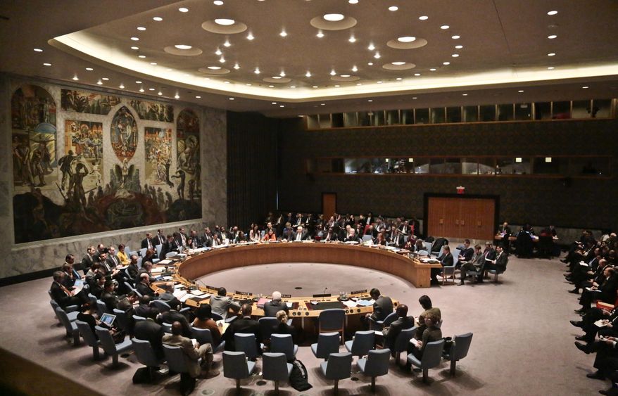 U.N. Security Council meets on Ukraine, Monday March 3, 2014 at U.N. headquarters. Ukraine's mission to the United Nations claimed Monday that 16,000 Russian troops have been deployed in the strategic Crimea region, while Russia's U.N. ambassador told an emergency Security Council meeting that Ukraine's fugitive president requested them. (AP Photo/Bebeto Matthews)