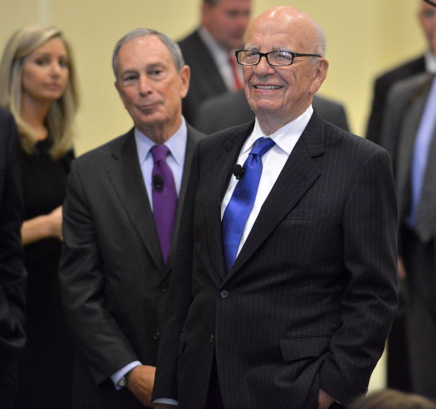 From left, New York Mayor Michael Bloomberg  and News Corporation CEO Rupert Murdoch, react as they are introduced as the guest speakers at the beginning of a  forum on The Economics and Politics of Immigration In Boston, Tuesday, Aug. 14, 2012. (AP Photo/Josh Reynolds)