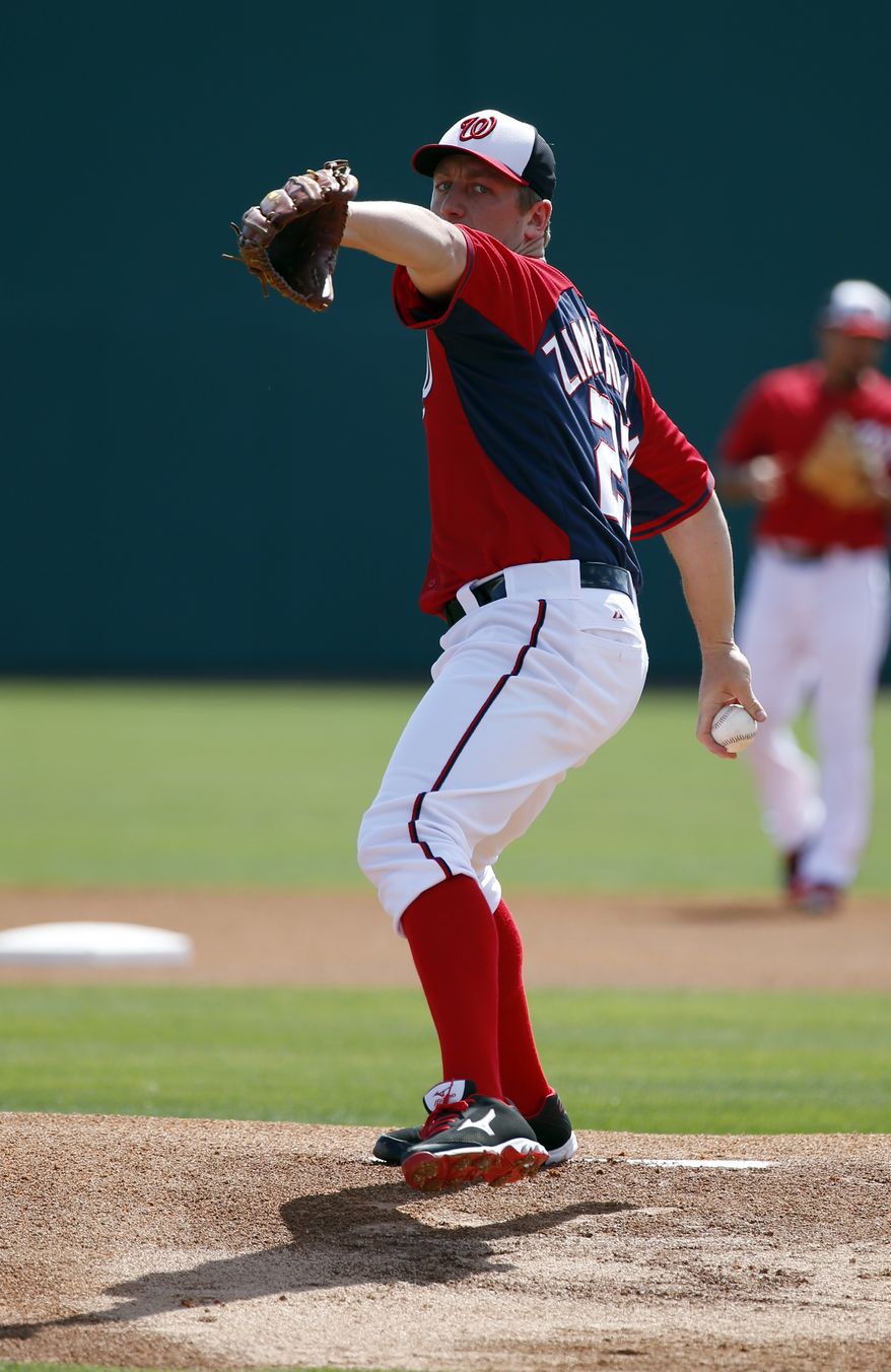 Washington Nationals starting pitcher Jordan Zimmermann (27) warms up in a spring exhibition baseball game against the Atlanta Braves, Saturday, March 1, 2014, in Viera, Fla. (AP Photo/Alex Brandon)