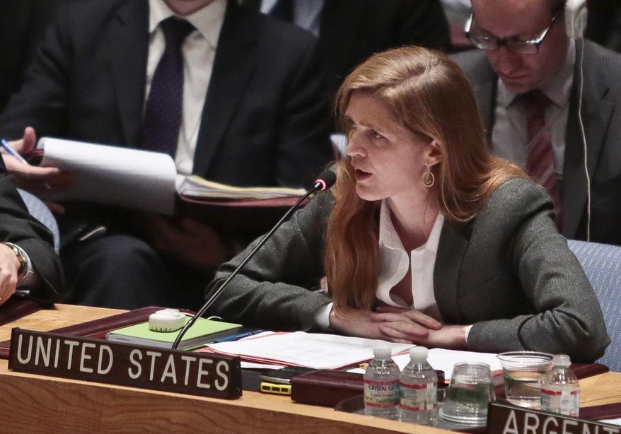 U.S. Ambassador to the United Nations Samantha Power speaks during a meeting of the U.N. Security Council on Ukraine, Monday March 3, 2014, at U.N. headquarters.  (AP Photo/Bebeto Matthews)