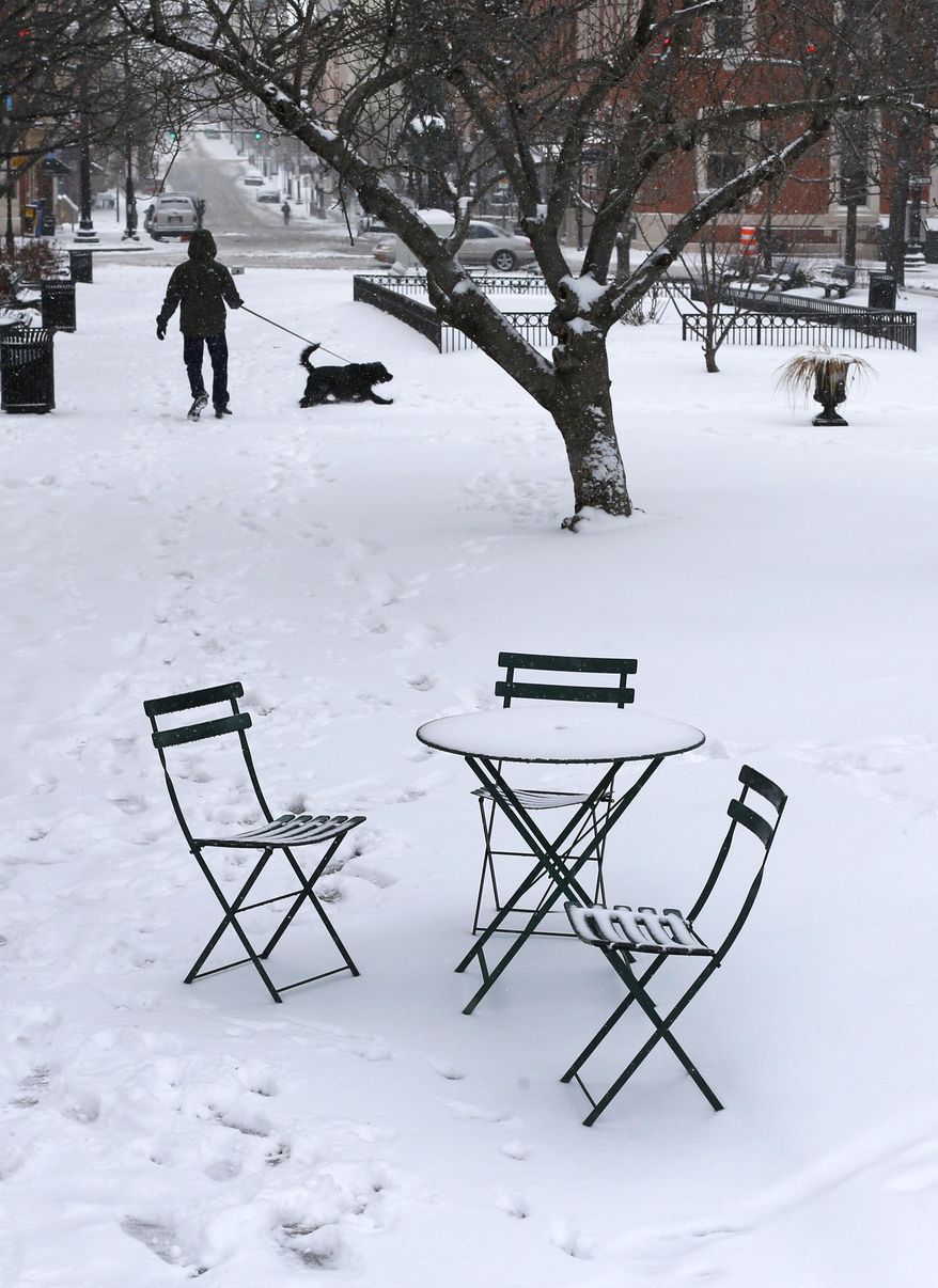 Snow rests on outdoor furniture in a park in Baltimore, Monday, March 3, 2014. Winter kept its icy hold on much of the country Monday, with snow falling and temperatures dropping as schools and offices closed and people from the Mid-Atlantic to Northeast reluctantly waited out another storm indoors. (AP Photo/Patrick Semansky)