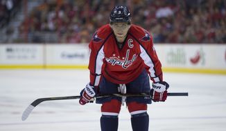 Washington Capitals right wing Alex Ovechkin (8) waits for play to start during the first period of an NHL hockey game against the Philadelphia Flyers on Sunday, March 2, 2014, in Washington. (AP Photo/ Evan Vucci) 