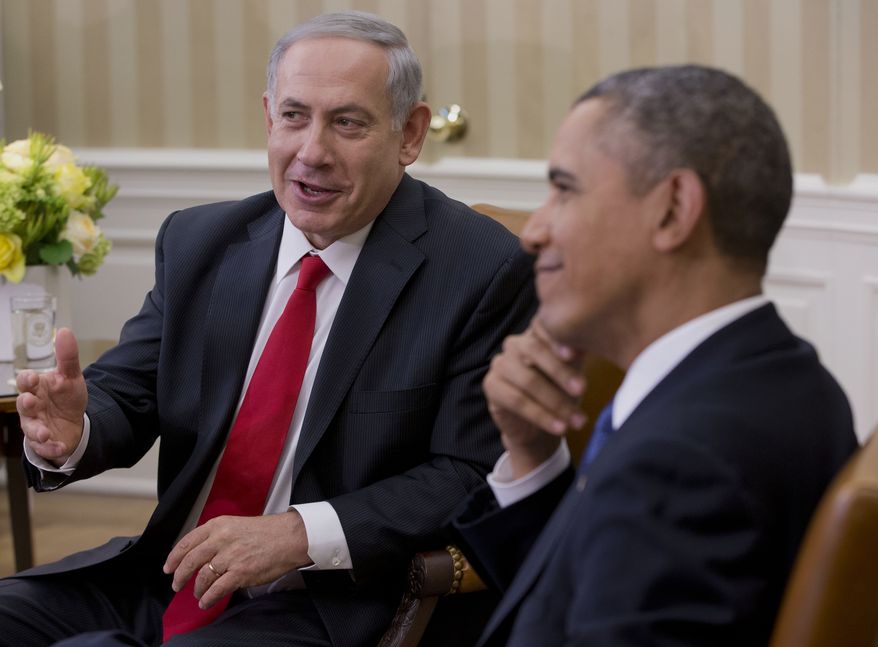 President Barack Obama meets with Israeli Prime Minister Benjamin Netanyahu in the Oval Office of the White House in Washington, Monday, March 3, 2014. Seeking to keep a pair of delicate diplomatic efforts afloat, Obama will personally appeal to Netanyahu to move forward on peace talks with the Palestinians, while also trying to manage Israel's deep suspicion of his pursuit of a nuclear accord with Iran. (AP Photo/Pablo Martinez Monsivais)