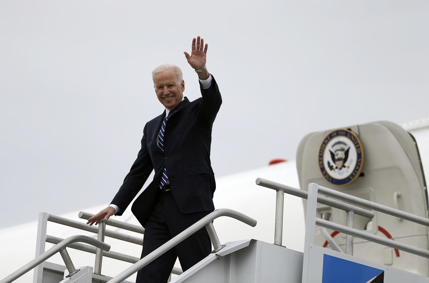 Vice President Joe Biden arrives at Hartsfield-Jackson Atlanta International airport, Tuesday, March 4, 2014, in Atlanta. The White House said in a brief statement that the vice president will attend an event for U.S. Senate candidate Michelle Nunn at a private residence at 1 p.m. Tuesday. (AP Photo/David Goldman, Pool)