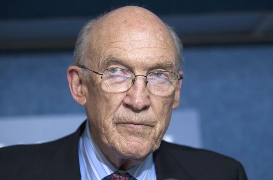 FILE - In this Sept. 12, 2011 file photo, Alan Simpson, speaks in Washington, D.C. A group of Republicans have come out in support of legalizing gay marriage in Utah and Oklahoma, arguing that allowing same-sex unions is consistent with the Western conservative values of freedom and liberty once championed by Ronald Reagan and Barry Goldwater. The group that includes former Sen. Alan Simpson of Wyoming and former Sen. Nancy Kassebaum of Kansas plans to file a friend of the court brief Tuesday, March 4, 2014, to a federal appeals court in Denver that is reviewing same-sex marriage bans in Utah and Oklahoma, said Denver attorney Sean Gallagher, whose firm wrote the 30-page argument. (AP Photo/Evan Vucci, File)
